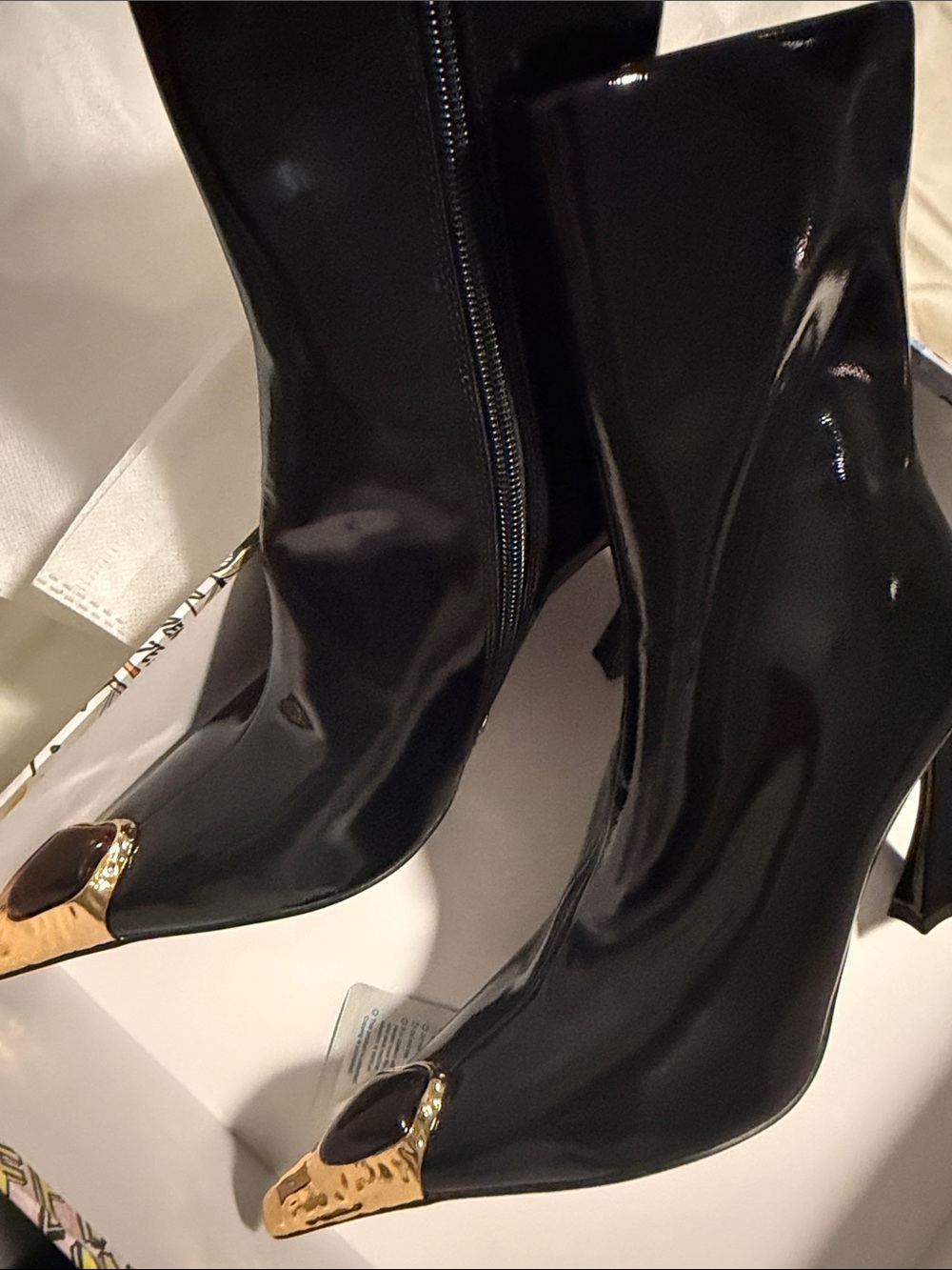 Jeffrey Campbell Black Patent Pointed Toe Ankle Boots with Gold Toe Detail
